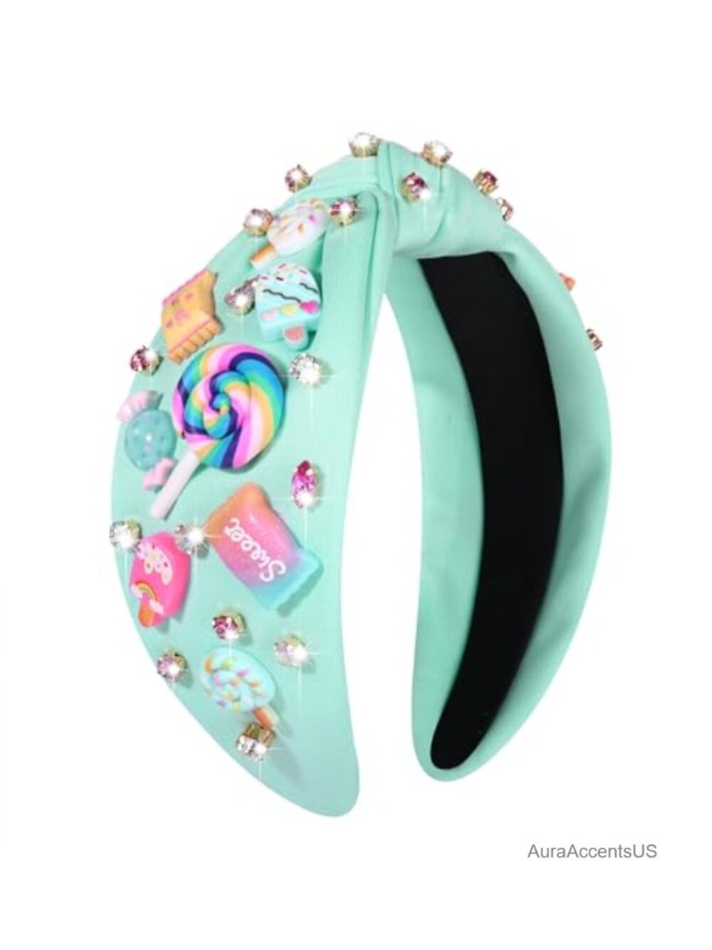 Knotted Headband Lollipop Candy Charms Crystal Jeweled Embellished Top Knot